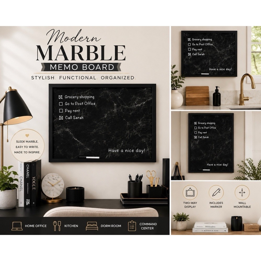 Black w/White Marble & White Marker Dry Erase Board Metal Wood Office Planner